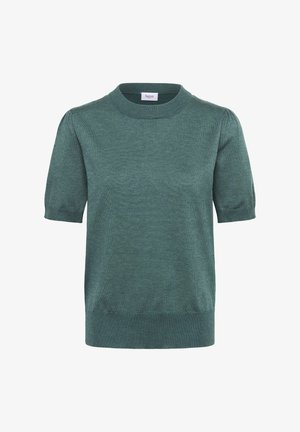 Pull en tricot vert à manches courtes avec un encolure ronde, des manches légèrement bouffantes et un ourlet côtelé. Texture lisse, design décontracté.