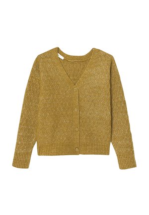 Cardigan jaune moutarde avec un col en V, présentant un motif en losanges texturé, des poignets côtelés et un fermeture à boutons sur le devant.