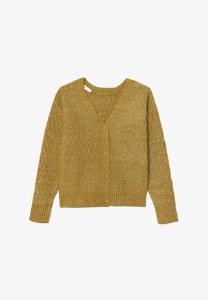Cardigan jaune moutarde avec un col en V, présentant un motif en losanges texturé, des poignets côtelés et un fermeture à boutons sur le devant.