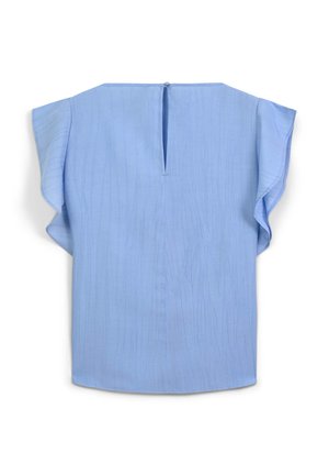 Blusa azzurro chiaro con vestibilità comoda, maniche corte arricciate e apertura a goccia sul retro. Texture liscia con linee sottili.