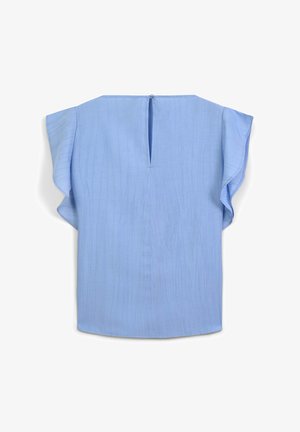 Blouse bleu clair avec une coupe décontractée, manches courtes à volants et une ouverture en forme de goutte au dos. Texture lisse avec des lignes discrètes.
