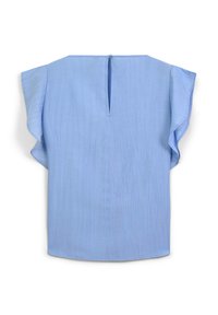 Blusa azzurro chiaro a maniche corte con maniche a sbuffo e una piccola apertura con bottone sul colletto posteriore.