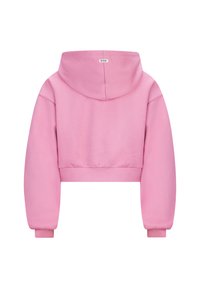 Felpa corta rosa, realizzata in tessuto morbido. Presenta un cappuccio, maniche lunghe e polsini a coste. Design semplice senza ulteriori motivi.