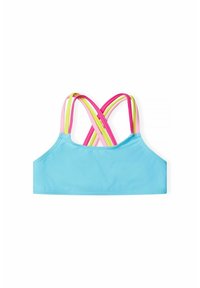 Reggiseno sportivo azzurro chiaro con spalline incrociate colorate in rosa, giallo e rosa chiaro. Texture liscia e design aderente.