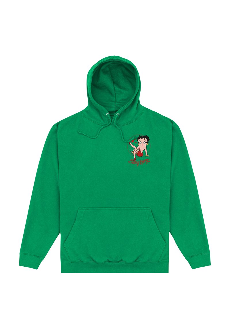 Felpa verde in misto cotone, con tasca frontale a marsupio e una grafica di un personaggio dei cartoni animati sul petto.