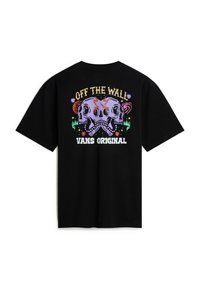 Camiseta de algodón negra con un gráfico colorido de dos calaveras y estrellas. El texto dice "OFF THE WALL" y "VANS ORIGINAL" debajo del diseño.