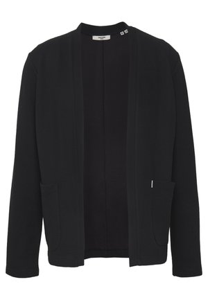 Schwarzer, vorne offener Cardigan mit langen Ärmeln und zwei Vordertaschen, auf weißem Hintergrund dargestellt.