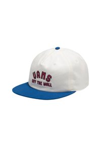 Cappello bianco con visiera piatta blu, con ricamo rosso con la scritta "VANS OFF THE WALL." Realizzato in tessuto con una forma strutturata e dettagli in bottone.