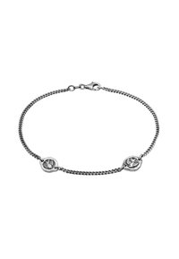Silver chain bracelet featuring two round, textured charms with engravings. The chain is interlinked with a lobster clasp closure.