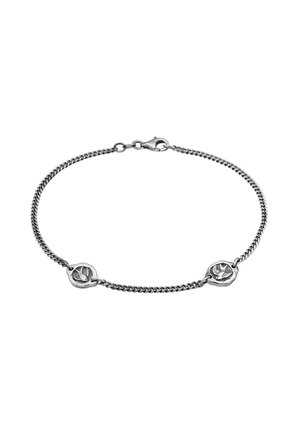 Silver chain bracelet featuring two round, textured charms with engravings. The chain is interlinked with a lobster clasp closure.