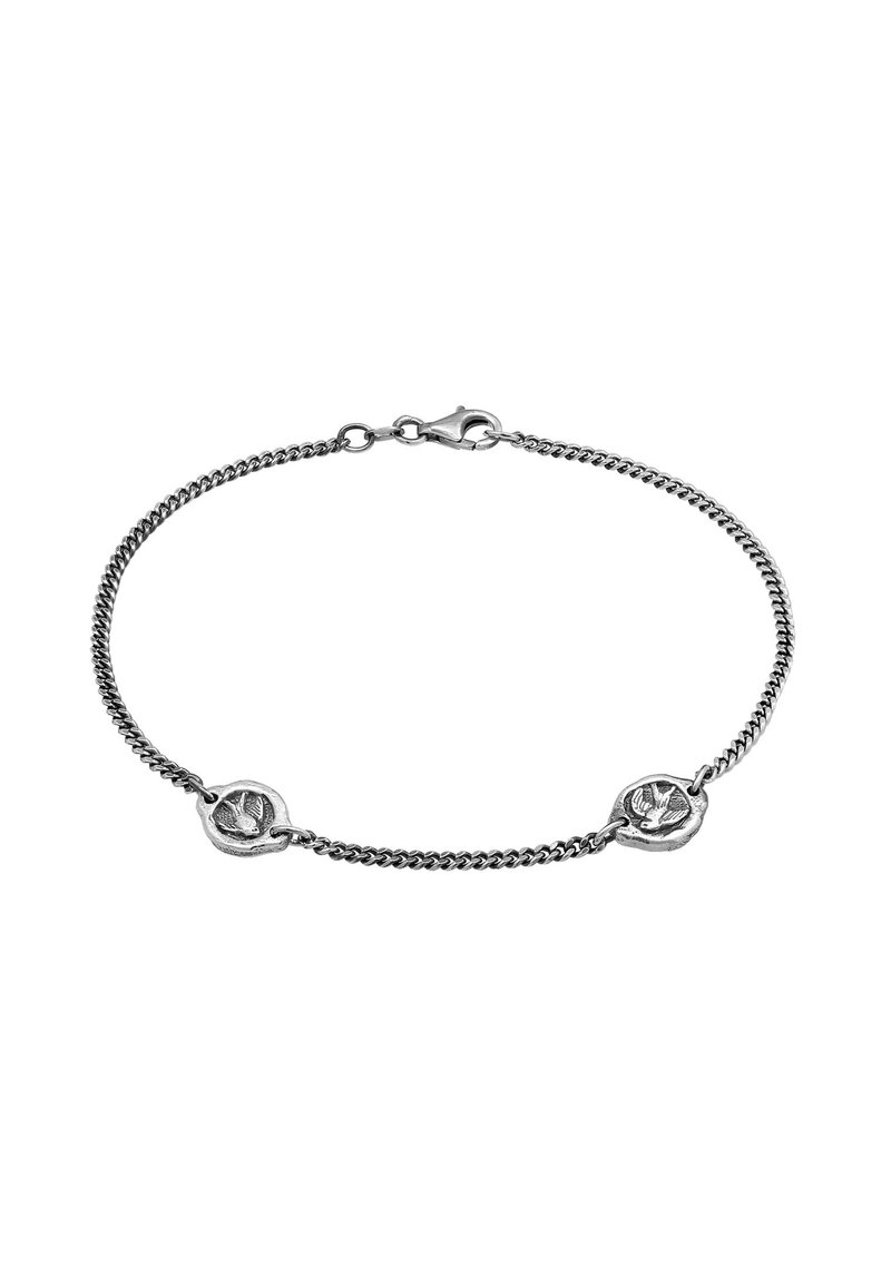 Silver chain bracelet featuring two round, textured charms with engravings. The chain is interlinked with a lobster clasp closure.