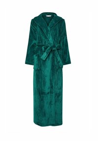 Accappatoio lungo e verde in peluche con cappuccio, cintura e due tasche frontali. Texture morbida e finitura liscia, ideale per l'uso indoor.