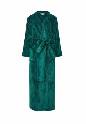Langer, grüner Fleece-Bademantel mit Kapuze, Gürtel und zwei Fronttaschen. Weiche Textur und glatte Oberfläche, geeignet für den Innenbereich.