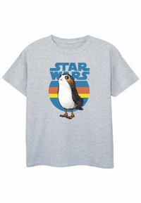 Pilkas medvilninis marškinėliai, kuriuose pavaizduotas Porg, su apvaliu mėlynu, oranžiniu ir geltonu Star Wars logotipu fonu. Trumpomis rankovėmis ir apvaliu kaklu.