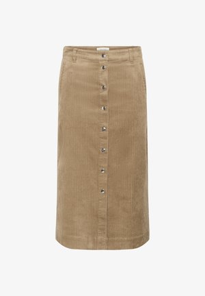 Rjava kordurojska midi krila ima sprednje gumb zapiranje, horizontalno rebrasto teksturo in ravno silhueto.