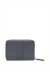Portefeuille en cuir gris avec fermeture éclair, doté d'un panneau central texturé et d'accents latéraux lisses, de forme rectangulaire et au design minimaliste.
