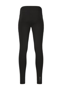Svarta atletiska leggings gjorda av stretchigt tyg, med hög midja och en lätt lyster. Minimalistisk design utan framträdande mönster eller detaljer.