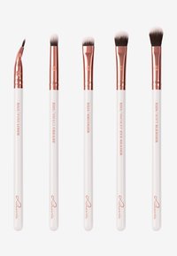 Set of five makeup brushes with white handles and rose gold ferrules. Features varying brush shapes: angled, tapered, and rounded tips.
