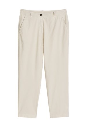 Beige recht gesneden broek met knoop- en ritssluiting, lussen voor een riem en zijzakken.