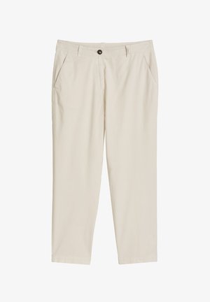 Beige recht gesneden broek met knoop- en ritssluiting, lussen voor een riem en zijzakken.