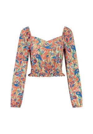 Long-sleeve crop top with a floral pattern in red, blue, and green. Features a square neckline and smocked waist with ruffle detail.