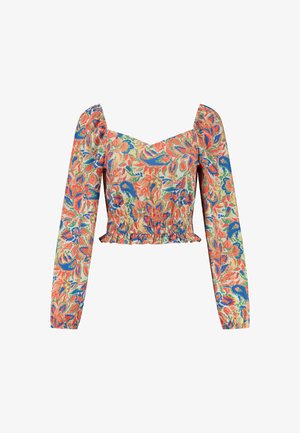 Dolgi rokav, krojen top z cvetličnim vzorcem v rdeči, modri in zeleni barvi. Ima kvadratni izrez in smockan pas z naborki.