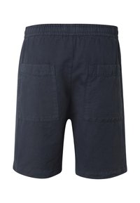 Marineblå, uformelle shorts med elastisk linning og to store, firkantede baklommer, laget av lett stoff.