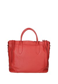 Borsa a mano in pelle rossa con superficie testurizzata, doppi manici e cerniere sui lati. Caratterizzata da un design spazioso e una costruzione robusta.