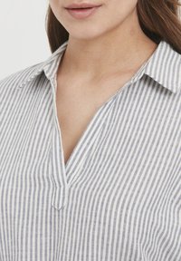 Camicia a righe bianca e azzurro chiaro, con patta dei bottoni, colletto e tessuto testurizzato con linee verticali.