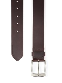 Brown leather belt with a smooth texture, featuring five adjustable holes, a silver rectangular buckle, and a tapered end.