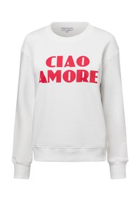 Weißes Sweatshirt mit langen Ärmeln, das mit fettem roten Text "CIAO AMORE" versehen ist. Rundhalsausschnitt und gerippte Bündchen, aus weichem Stoff gefertigt.