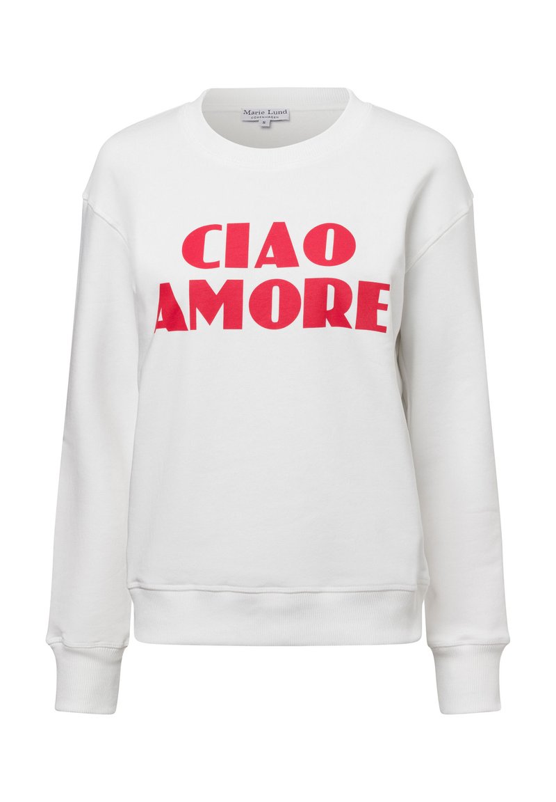 Weißes Sweatshirt mit langen Ärmeln, das mit fettem roten Text "CIAO AMORE" versehen ist. Rundhalsausschnitt und gerippte Bündchen, aus weichem Stoff gefertigt.