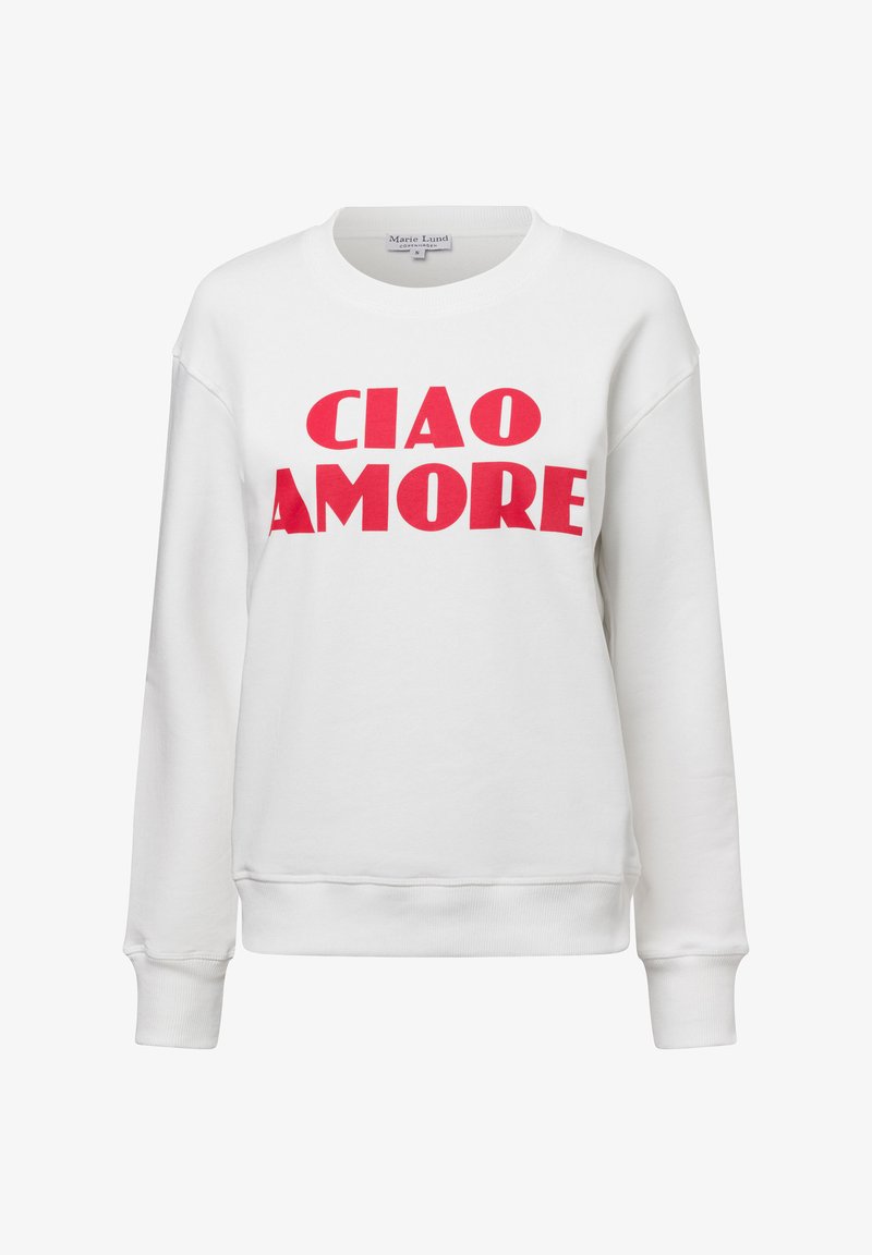 Weißes Sweatshirt mit langen Ärmeln, das mit fettem roten Text "CIAO AMORE" versehen ist. Rundhalsausschnitt und gerippte Bündchen, aus weichem Stoff gefertigt.