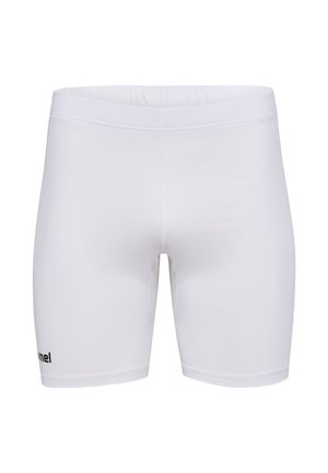Shorts de sport blancs en tissu extensible. Dotés d'une texture lisse et d'une taille élastique. Petit logo sur le côté gauche.