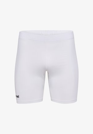 Weiße Sportshorts aus dehnbarem Material. Sie verfügen über eine glatte Textur und einen elastischen Bund. Kleines Logo auf der linken Seite.