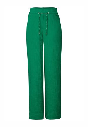 Green, lightweight, wide-leg pants made of textured fabric with an elastic waistband and adjustable drawstring. No pockets visible.