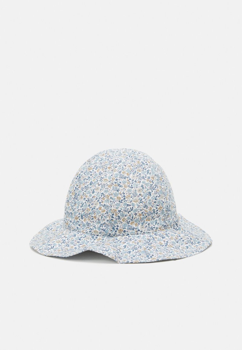 Cappello a secchiello floreale azzurro chiaro, con piccoli motivi floreali multicolori. Tessuto morbido, corona arrotondata e visiera larga.