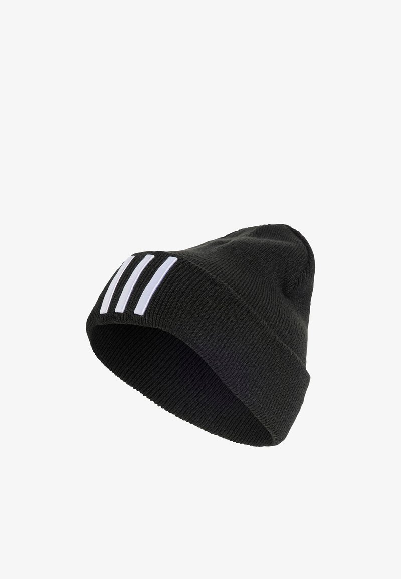 Čierna pletená čiapka s priliehavým strihom, na prednej strane s tromi vertikálnymi bielymi pruhmi. Textúrovaná látka, bezšvový dizajn.