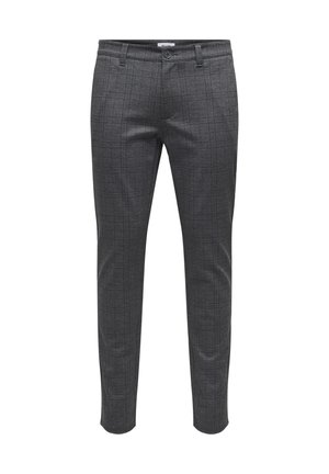 Grå ternede bukser med slim fit, bæltesløjfer, frontlukning med knap og en glat tekstur med en subtil glans.