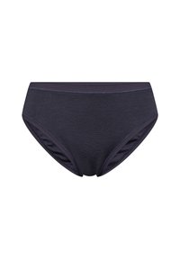 Mørkegrå bomuldsbuks med en glat tekstur, der har et bredt taljebånd og diskrete stikninger langs kanterne og siderne.