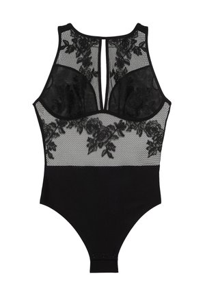Black lace bodysuit with floral embroidery, mesh upper section, solid lower bodice, high neckline, and snap closures at the crotch.
