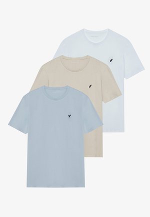 3 PACK - T-shirts - beige/light blue/white