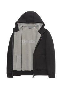Sweat à capuche zippé noir avec doublure en polaire grise, poches avant et capuche, présenté ouvert pour montrer l'étiquette de la marque à l'intérieur.