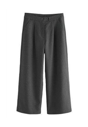 Graue weit geschnittene Hosen aus einem strukturierten Stoff. Mit Fronttaschen und einem doppelten Knopfverschluss an der Taille.