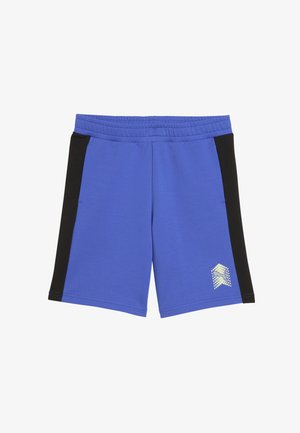Shorts de sport bleus avec panneaux latéraux noirs, taille élastique et un logo géométrique blanc sur la jambe gauche près de l'ourlet.