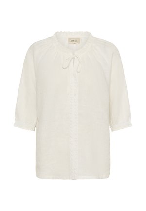 Bluza crem cu mâneci trei sferturi, decolteu cu volane și un detaliu cu fundă în față, cu broderie verticală.