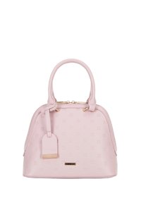 Rosa læderhandtaske med præget mønster, guld hardware, dobbelt hanke, lynlås lukning og matchende bagage-tag. Rundet form, glat tekstur.