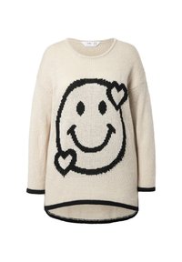 Crème gebreide trui met een zwarte smiley-gezicht print met een hart, ronde halslijn en zwarte afwerking bij de mouwen en de zoom.