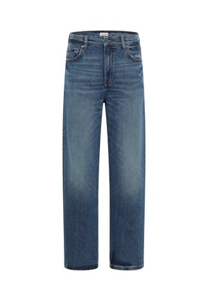 Blue straight-leg denim jeans with five pockets and a button closure on a white background.