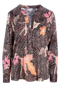 Blouse à manches longues en tissu foncé avec des motifs floraux et de feuilles colorés. Dotée d'un col en V et d'une coupe décontractée. Matière douce et légère.
